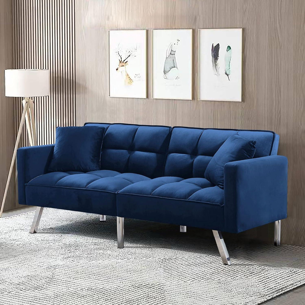 Sofa Bed 2 Seater Blue Velvet Click Clack Sofa Settee Recliner Couch with Metal Legs 2 Pillows