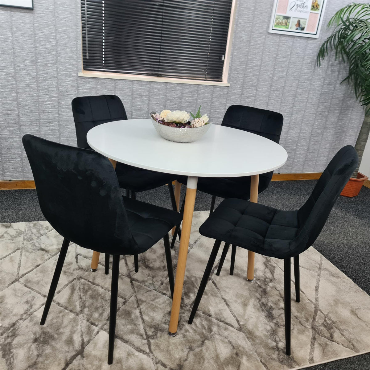 Dining Table and 4 Chairs  White Round Wood Table 4 Black Velvet Chairs Dining Room Furniture