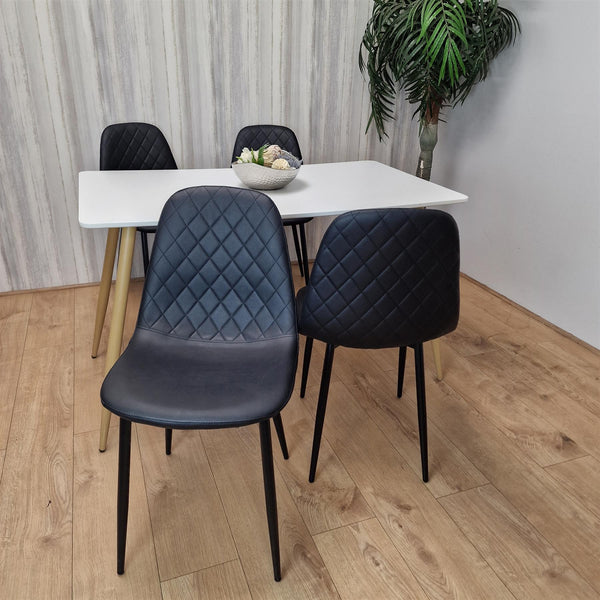 Dining Table Set of 4 Wooden White Table with 4 Black Gem Patterend Chairs
