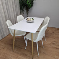 Wooden Dining Table with 4 White Gem Patterned Chairs White Table with White Chairs