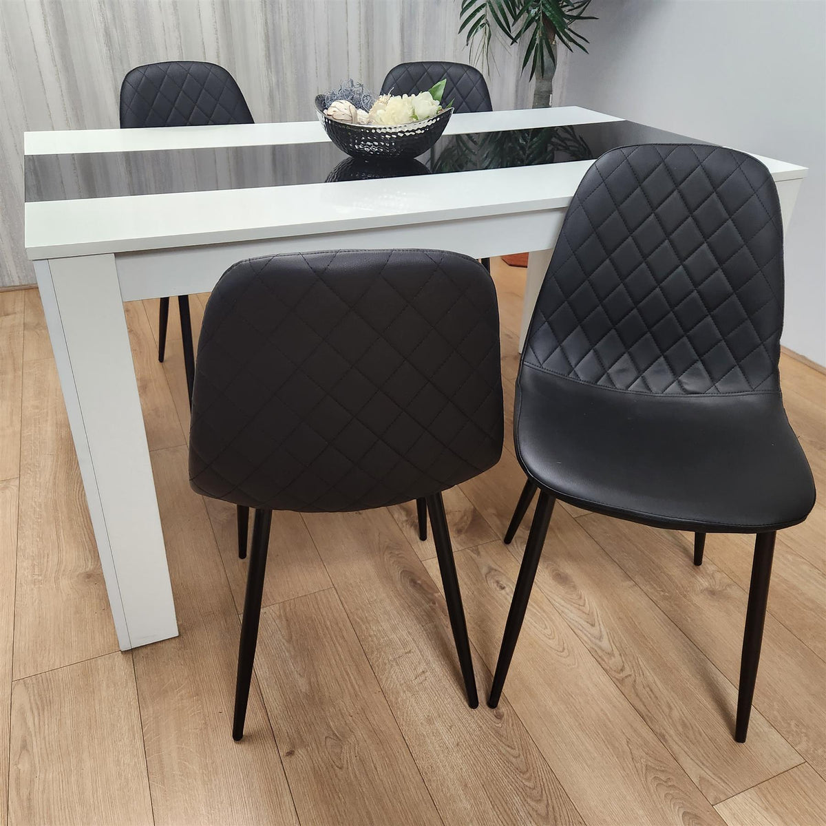 Dining White Black Wood Table and 4 Leather Black Chairs Dining Room Set