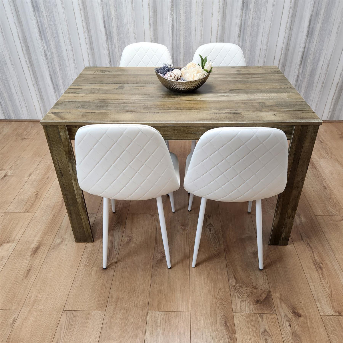 Wooden Dining Table with 4 white Gem Patterned Chairs Rustic Effect Table with white Chairs