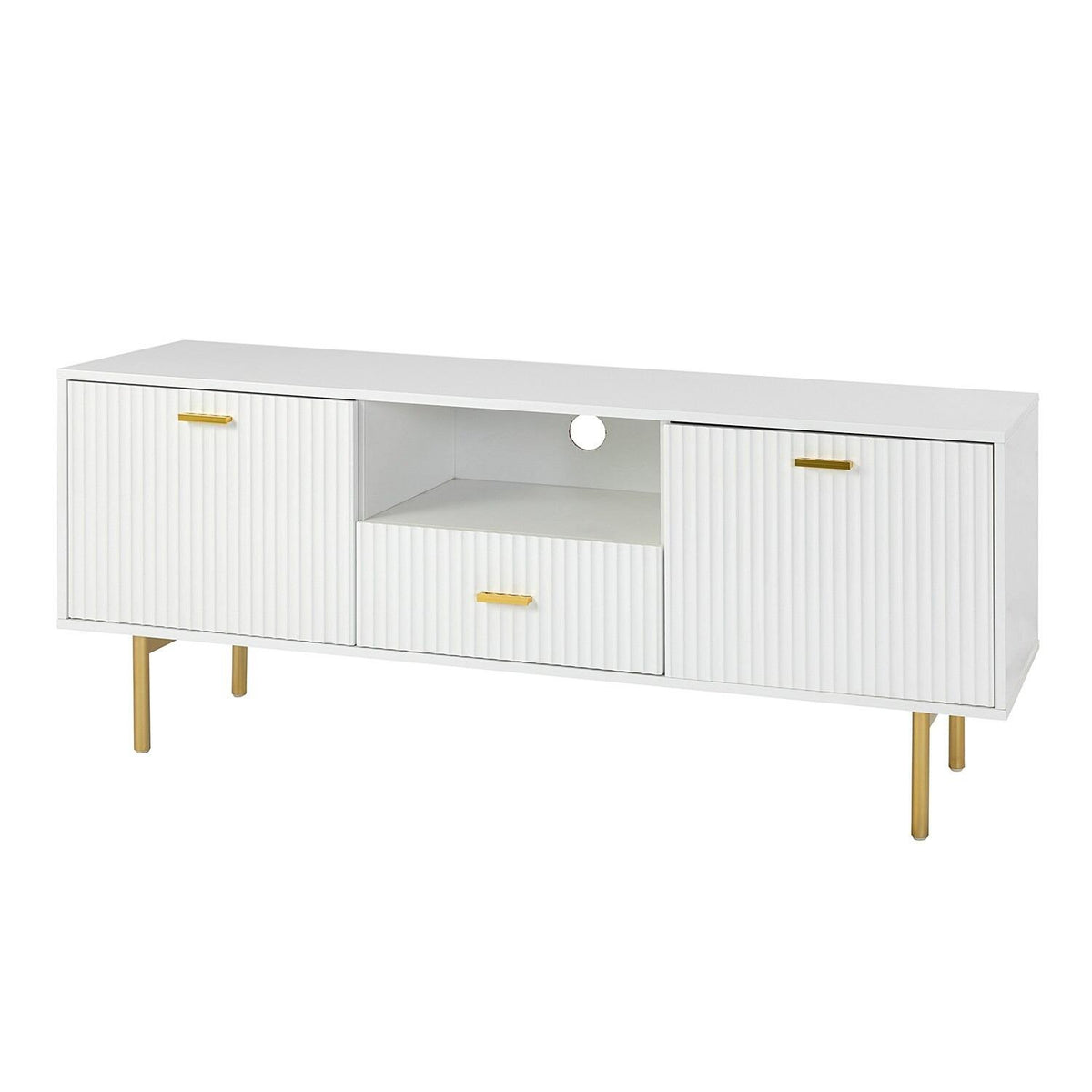 White TV Cabinet with Gold Metal Legs and Handles – Stylish Media Console with Spacious Storage