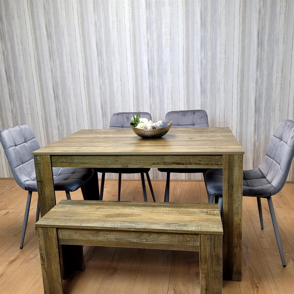 Wooden Dining Table Set for 6 Rustic Effect Table With 4 Grey Velvet Chairs and 1 Bench