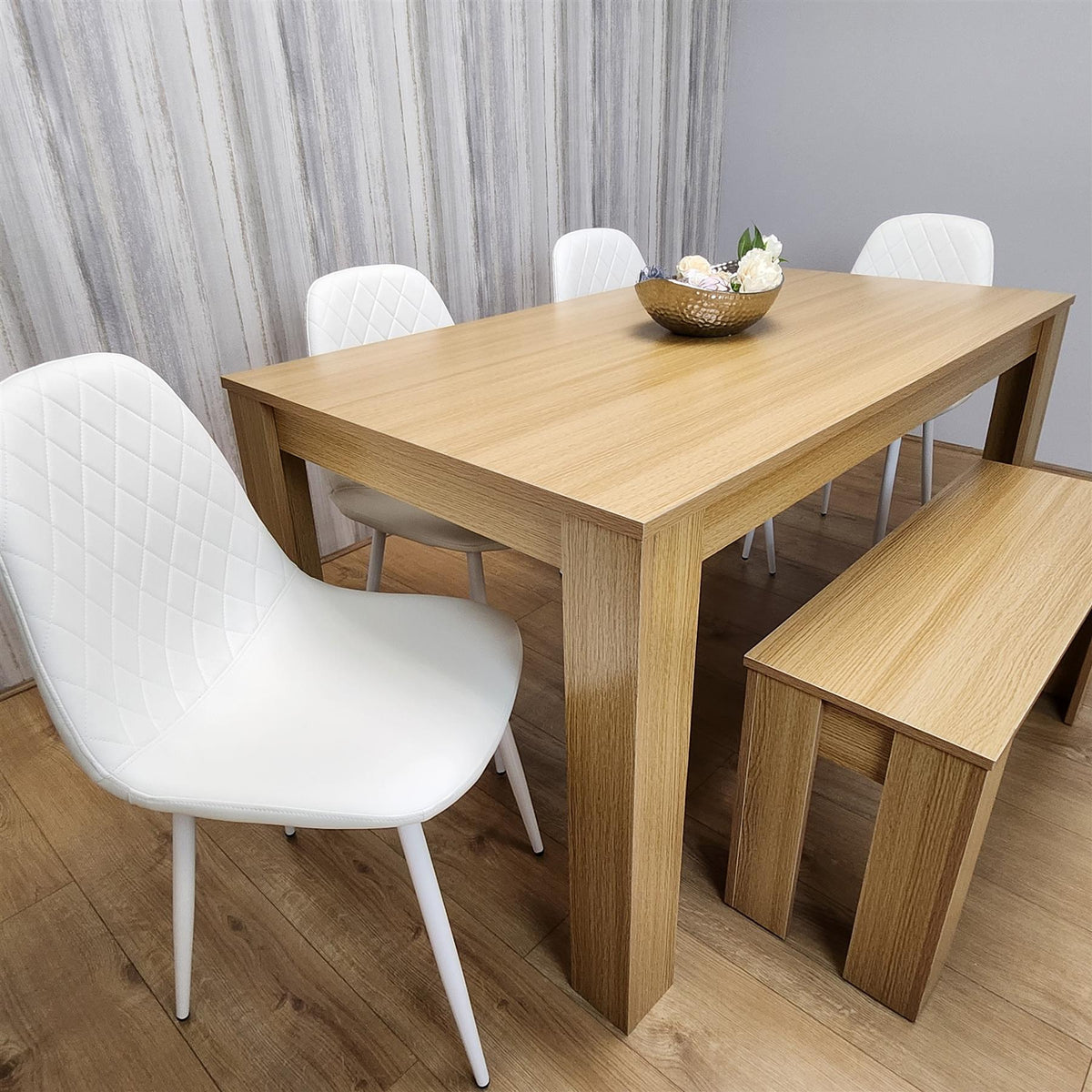 Wooden Dining Table Set for 6 Oak Effect Table With 4 White Gem Patterned  Chairs and 1 Bench