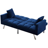 Sofa Bed 2 Seater Blue Velvet Click Clack Sofa Settee Recliner Couch with Metal Legs 2 Pillows