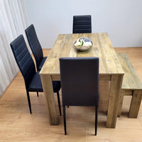 Wooden Dining Table Set for 6 Rustic Effect Table With 4 Black Leather Chairs and 1 Bench