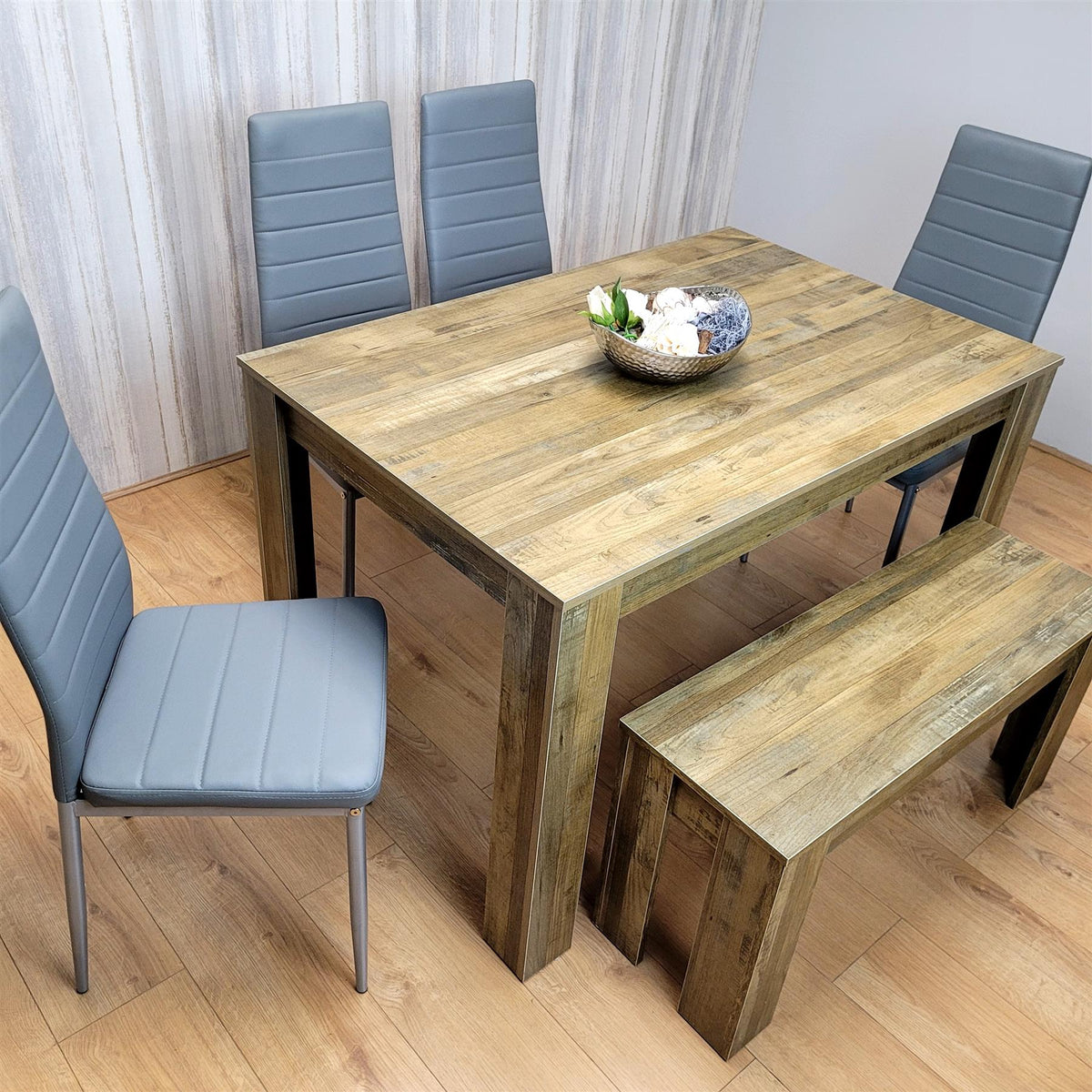 Wooden Dining Table Set for 6 Rustic Effect Table With 4 Grey Leather Chairs and 1 Bench