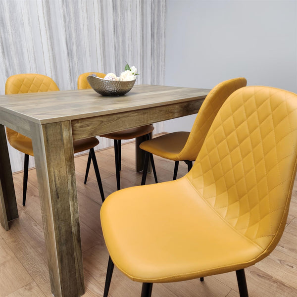 Dining Table and 4 Chairs Rustic Effect Table with 4 Mustard Gem Patterned Chairs