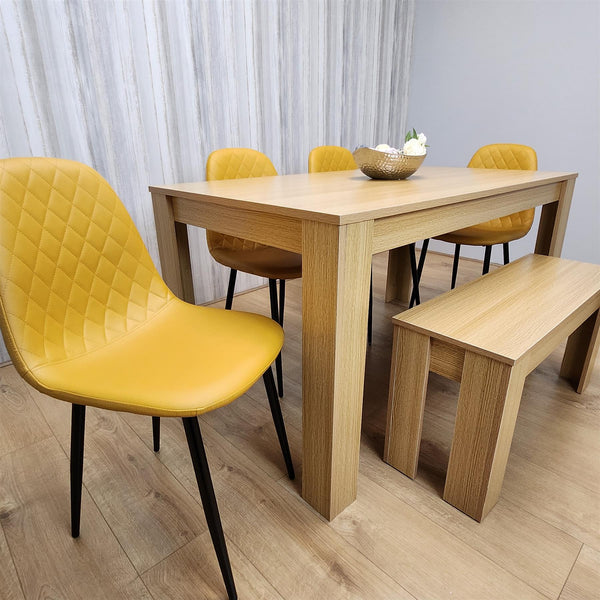 Wooden Dining Table Set for 6 Oak Effect Table With 4 Mustard Gem Patterned  Chairs and 1 Bench