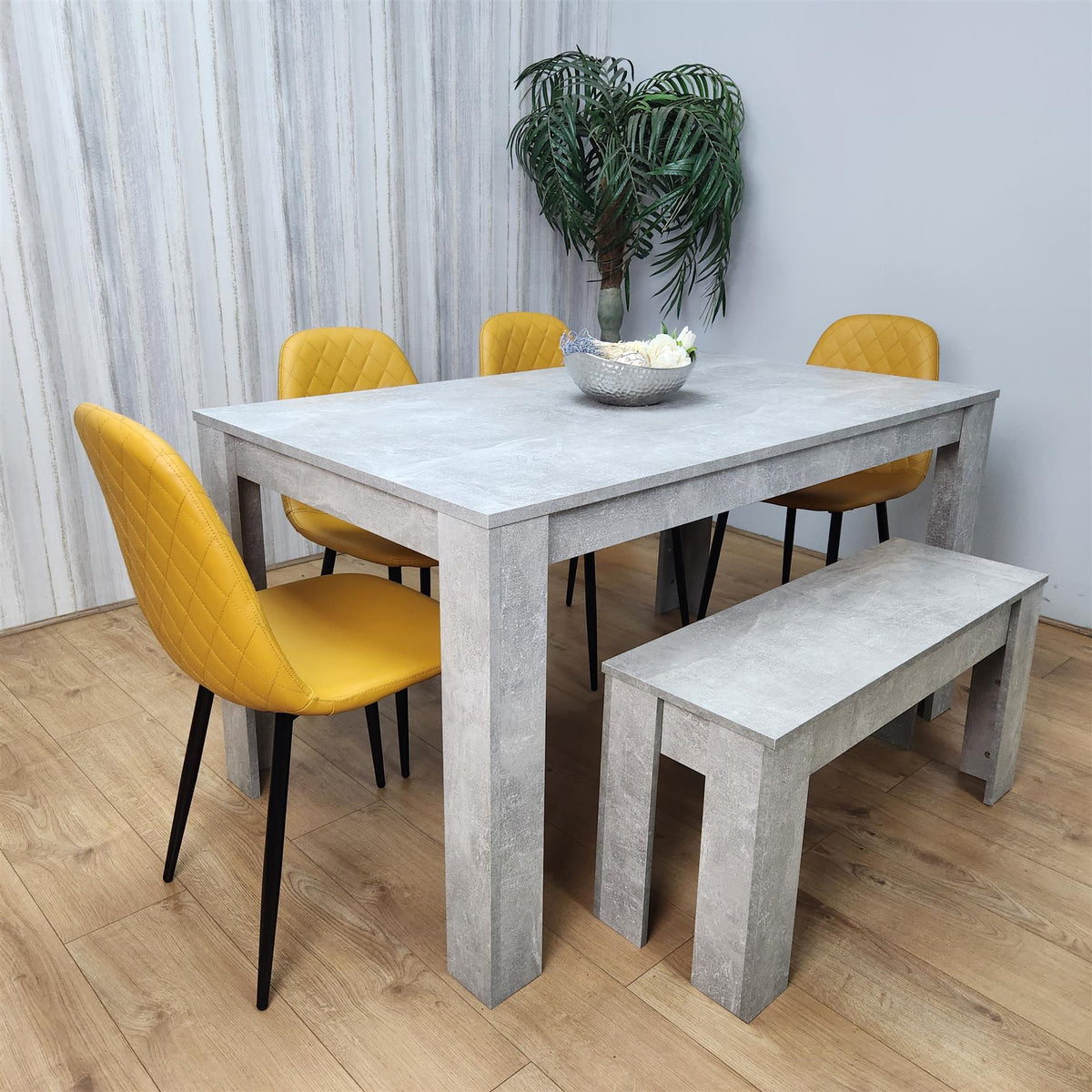 Wooden Rectangle Dining Table Sets with Set of 4 Chairs, Grey and Mustard