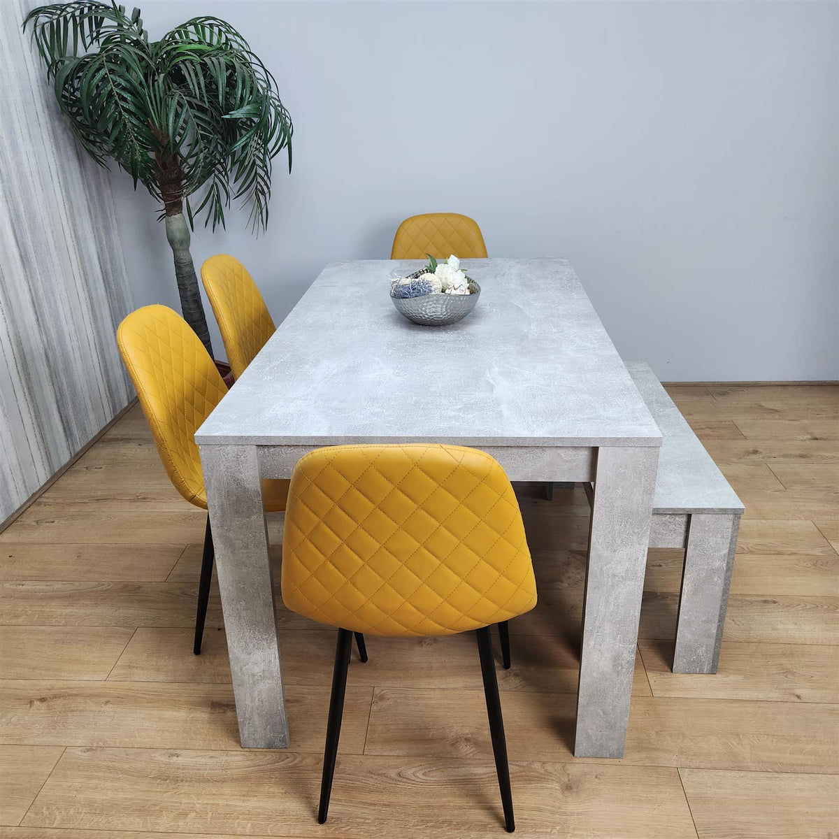 Wooden Rectangle Dining Table Sets with Set of 4 Chairs, Grey and Mustard