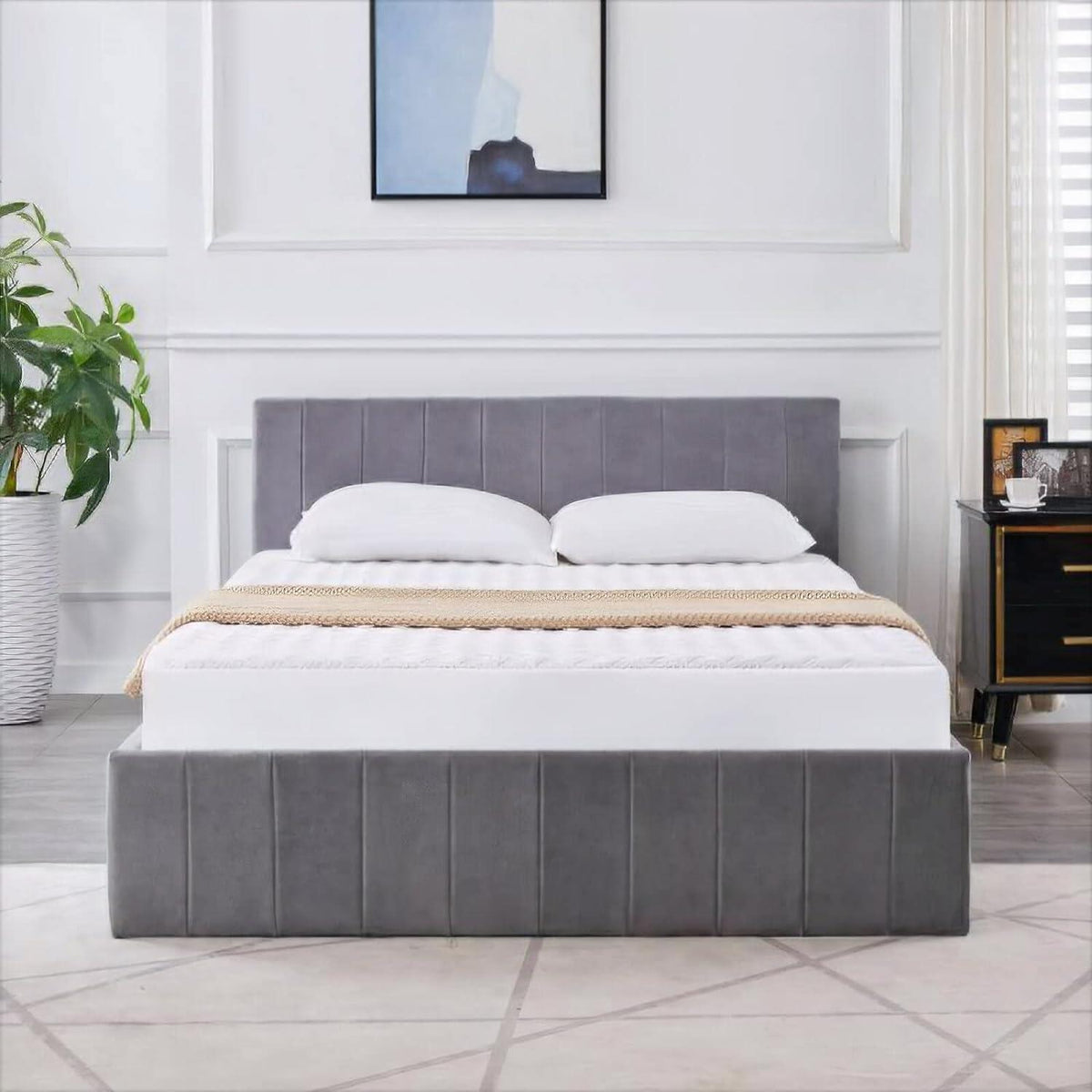 Ottoman Storage Bed grey small double 4ft line pattern fabric velvet and 1 Mattress bedroom furniture