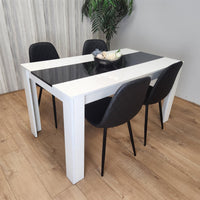 Dining White Black Wood Table and 4 Leather Black Chairs Dining Room Set