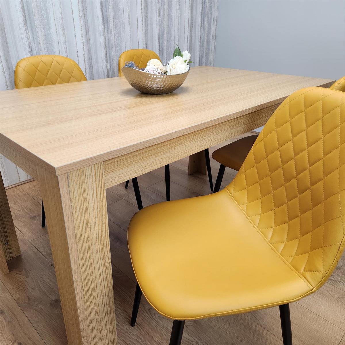 Dining Table and 4 Chairs Oak Effect Table with 4 Mustard Gem Patterned Chairs