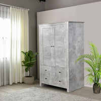 Grey Wardrobe Wooden 2 Doors With 2 Drawers Bedroom Storage Hanging Bar Clothes