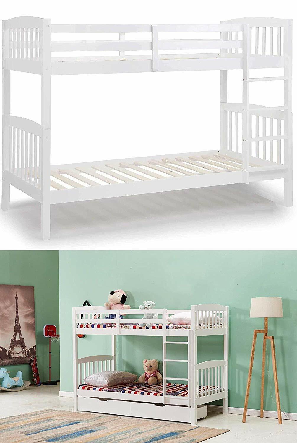 Bunkbed Kids white 3ft twin wooden bunk bed with 2 spring mattresses childrens bedroom furniture