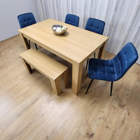 Wooden Dining Table Set for 6 Oak Effect Table With 4 Blue Velvet Chairs and 1 Bench