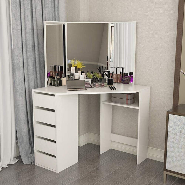 Corner Dressing Table with Mirrors and Stool Makeup Vanity Mirror Hollywood Table