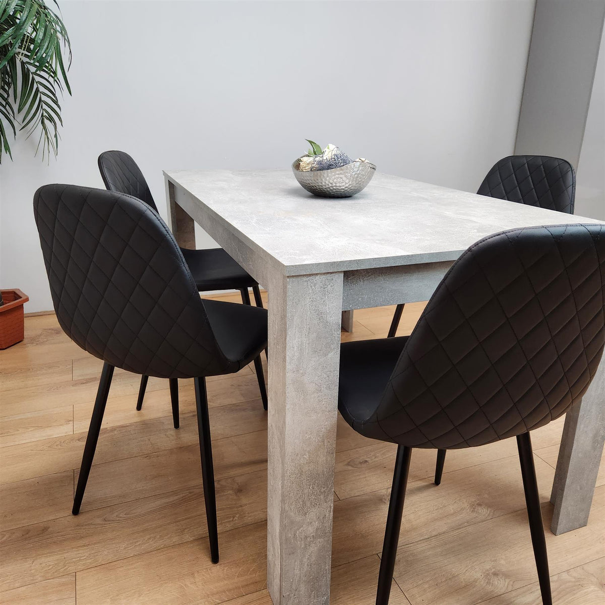 Dining Table and 4 Chairs Stone Grey Effect Wood Table 4 Black Leather Chairs Dining Room