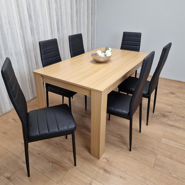 Dining Set of 6 Dining Table and 6 Black Faux leather Chairs Dinig Room Furniture