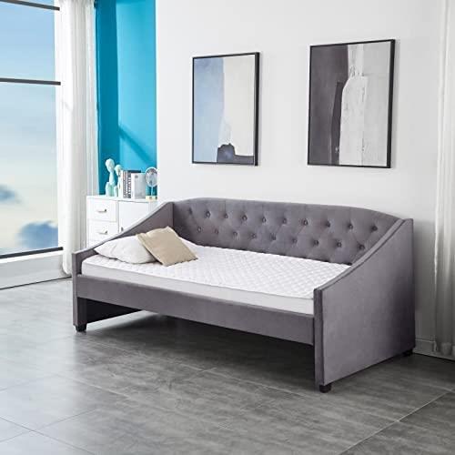 Daybed with Trundle grey 3ft twin velvet tufted wooden day bed with 2 mattresses bedroom