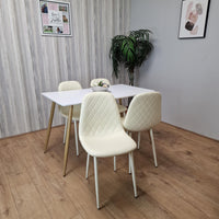 Wooden Dining Table with 4 Cream Gem Patterned Chairs White Table with Cream Chairs