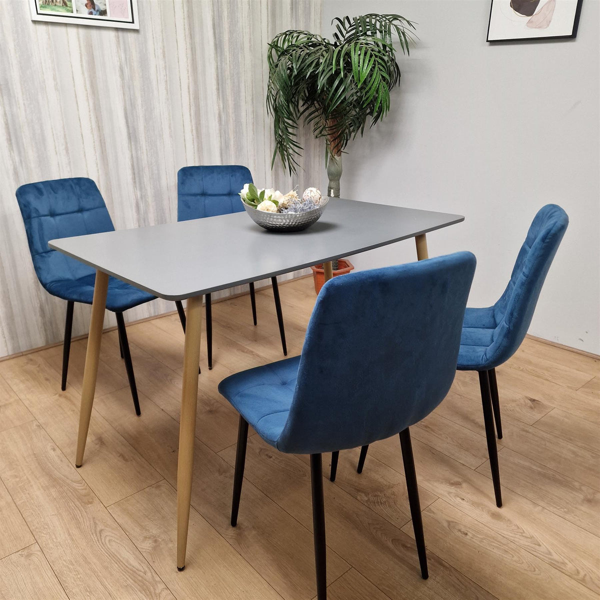 Wooden Dining Table Set for 4 Grey Wooden Table and 4 Blue Velvet Chairs