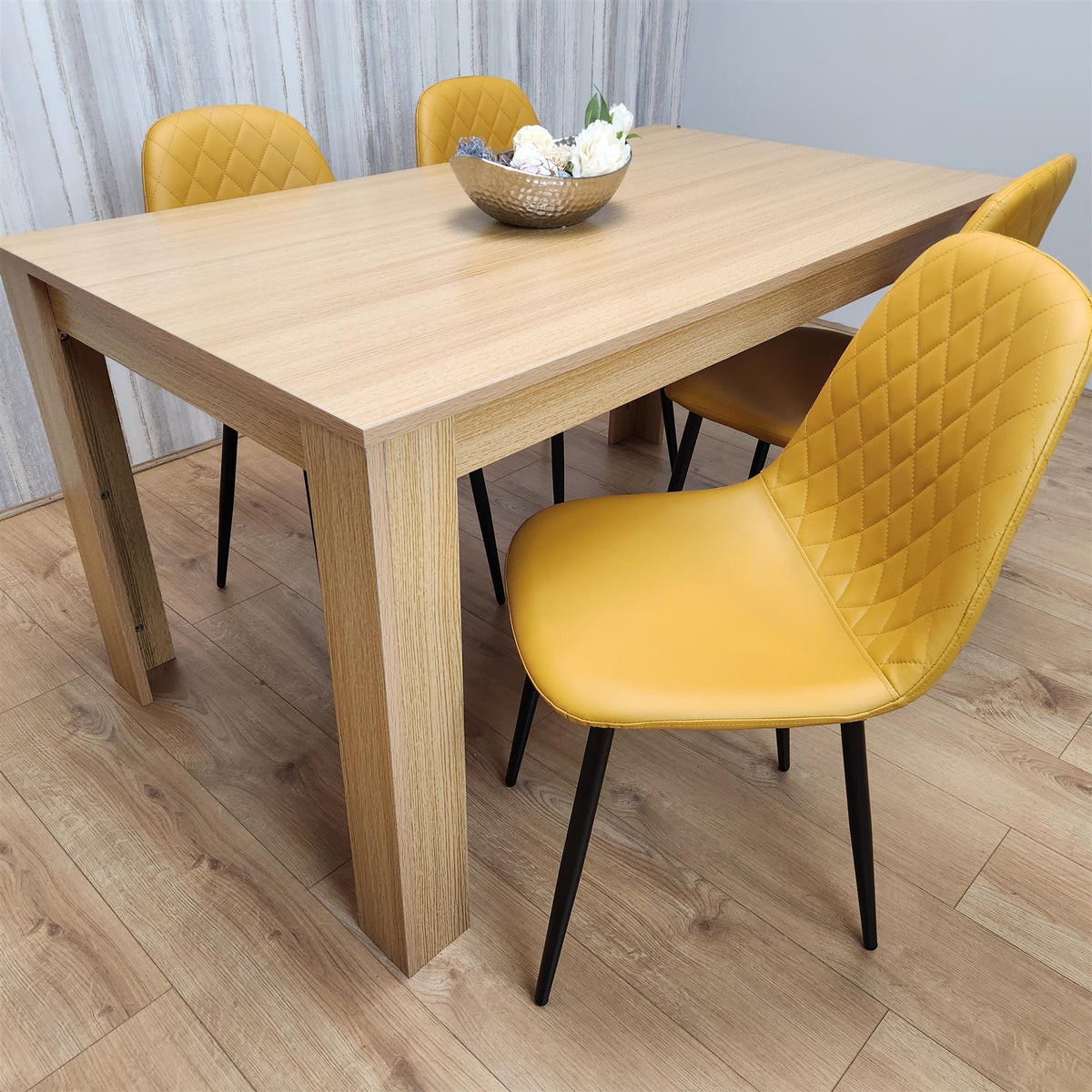 Dining Table and 4 Chairs Oak Effect Table with 4 Mustard Gem Patterned Chairs