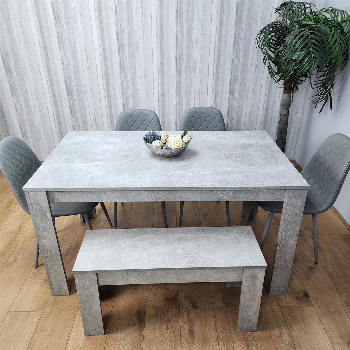 Wooden Rectangle Dining Table Sets with Set of 4 Chairs, a Bench, Grey