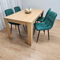 Dining Set of 4 Oak Effect Dining Table and 4 Green Velvet Chairs Dining Room Furniture