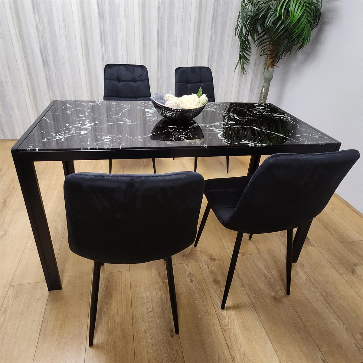 Dining Table and 4 Chairs Black Marble Effect Glass 4 Velvet Black Chairs Dining Room Furniture