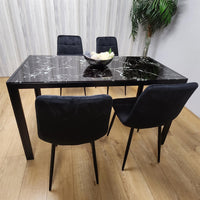 Dining Table and 4 Chairs Black Marble Effect Glass 4 Velvet Black Chairs Dining Room Furniture