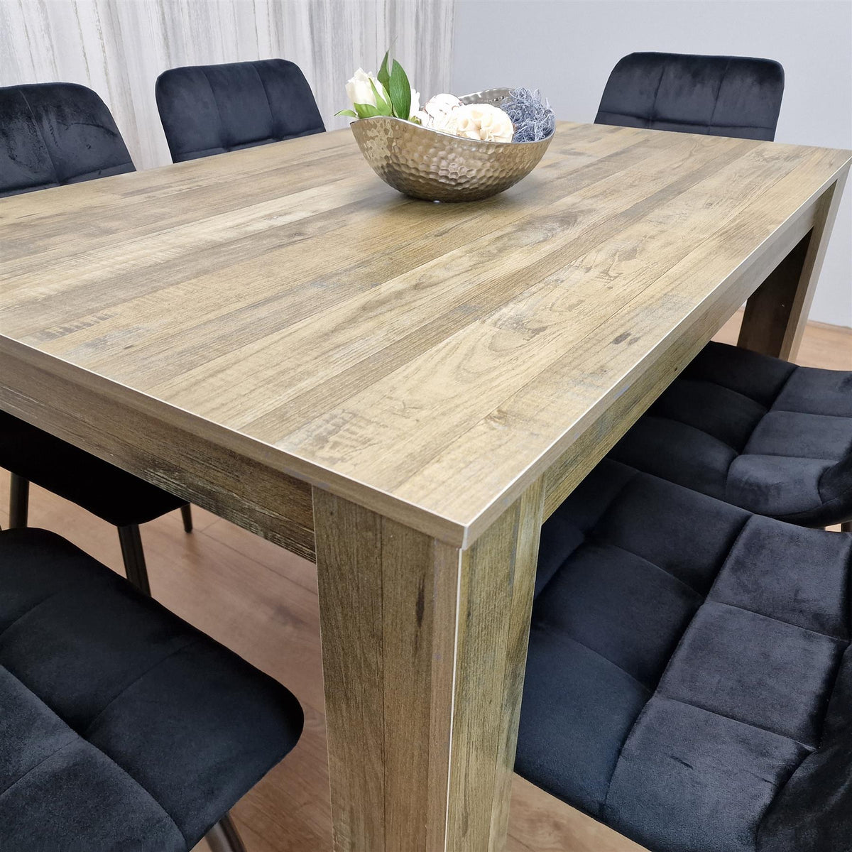 Dining Table and 6 Chairs Rustic Effect Wood Table 6 Black Velvet Chairs Dining Room