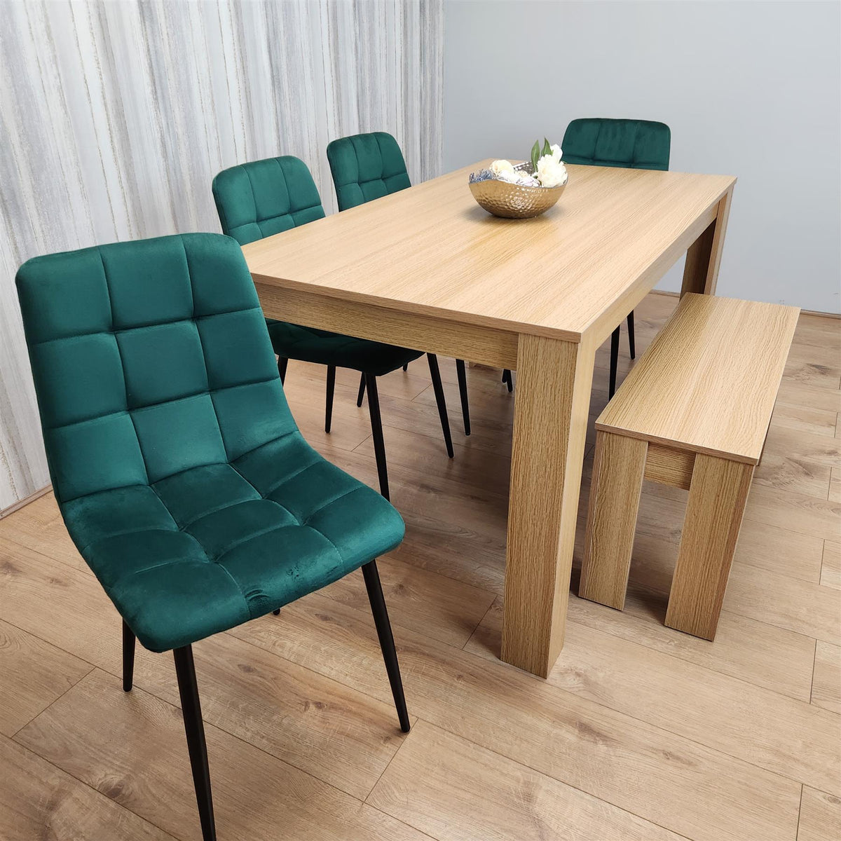 Wooden Dining Table Set for 6 Oak Effect Table With 4 Green Velvet Chairs and 1 Bench