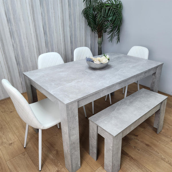 Wooden Rectangle Dining Table Sets with Set of 4 Chairs, a Bench, Grey and White