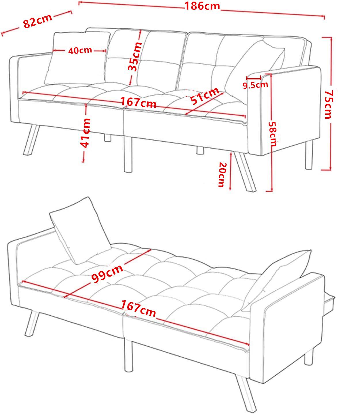 Sofa Bed 2 Seater Grey Velvet Click Clack Sofa Settee Recliner Couch with Metal Legs with 2 Pillows