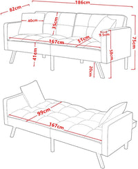 Sofa Bed 2 Seater Grey Velvet Click Clack Sofa Settee Recliner Couch with Metal Legs with 2 Pillows