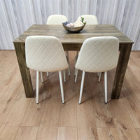 Wooden Dining Table with 4 Cream Gem Patterned Chairs Rusteic Effect Table with Cream Chairs