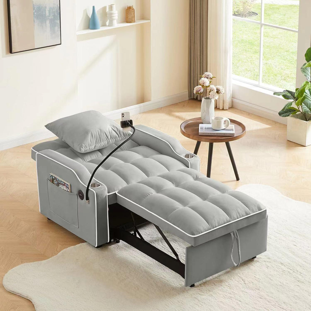 3-in-1 Convertible Sofa Bed Sleeper Chair with Adjustable Backrest, USB Charging & Cup Holder for Small Spaces