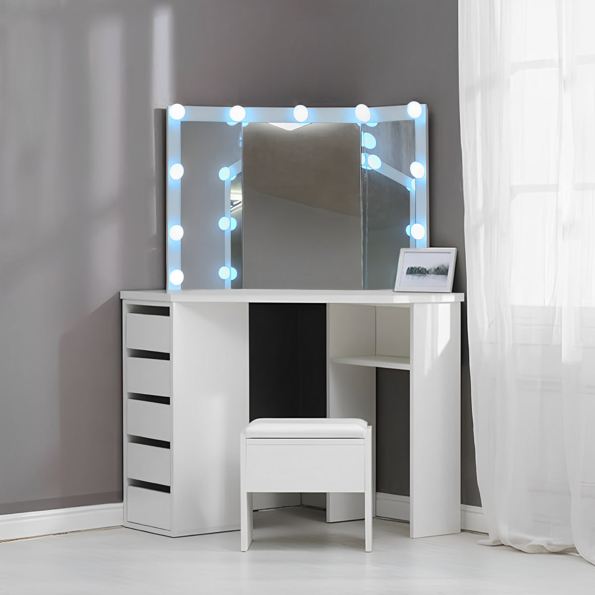 Corner Dressing Table with Mirror and Stool Makeup Vanity LED Mirror Lights Hollywood Table