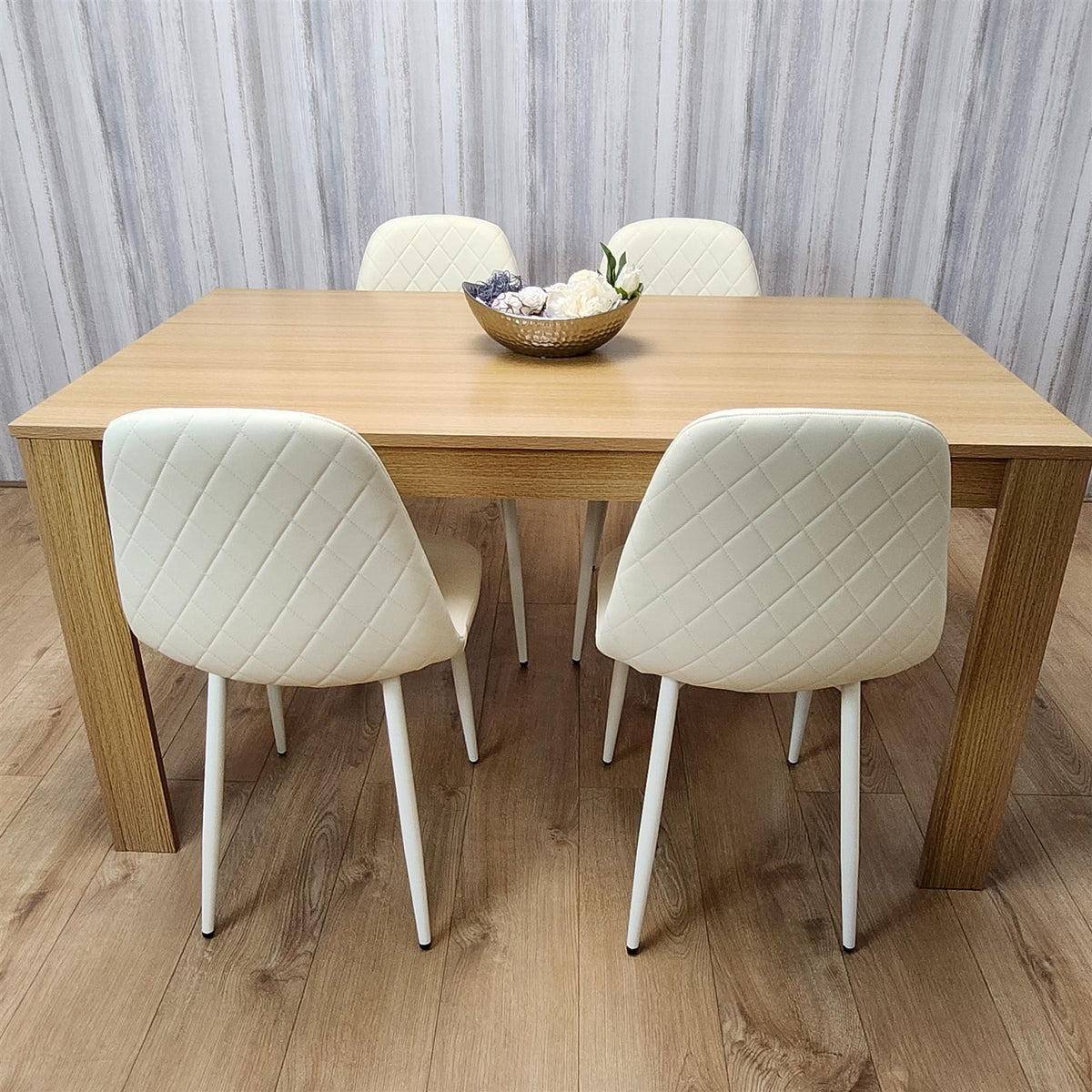 Wooden Dining Table with 4 Cream Gem Patterned Chairs Rusteic Effect Table with Cream Chairs