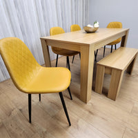 Wooden Dining Table Set for 6 Oak Effect Table With 4 Mustard Gem Patterned  Chairs and 1 Bench