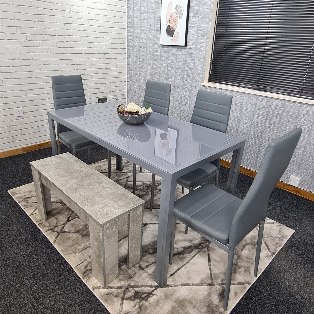 Dining Table Set with 4 Chairs and a Bench Dining Room and Kitchen table set of 4, and Grey Bench