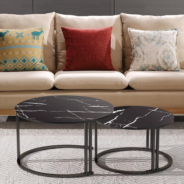 Round Coffee Table Set of 2 Nest of Tables Marble Glass Coffee Table Living Room