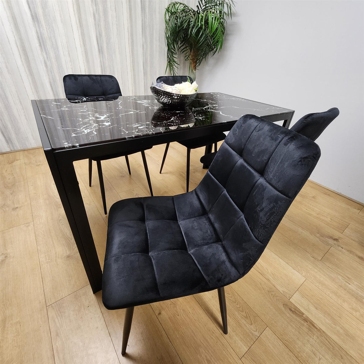 Dining Table and 4 Chairs Black Marble Effect Glass 4 Velvet Black Chairs Dining Room Furniture