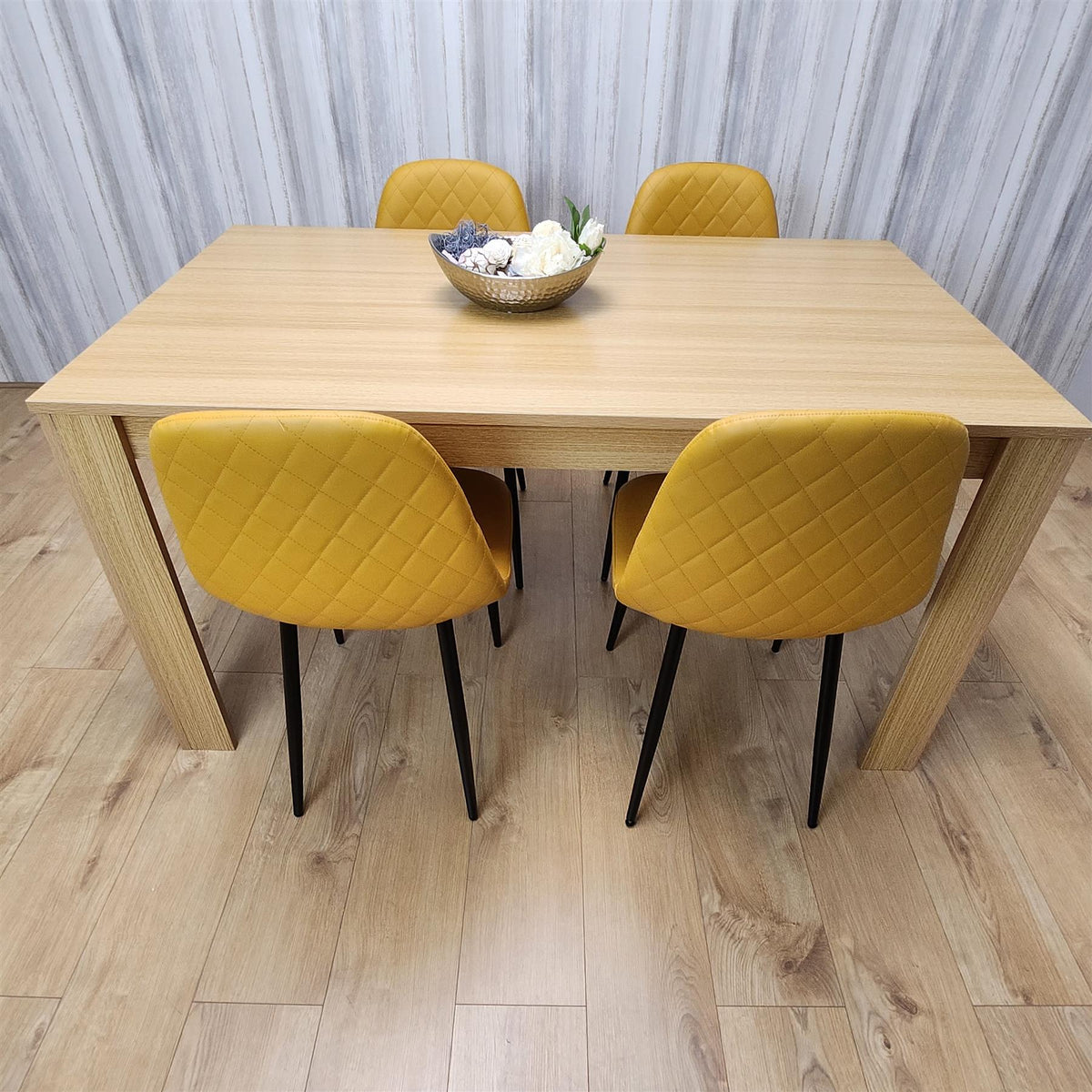 Dining Table and 4 Chairs Oak Effect Table with 4 Mustard Gem Patterned Chairs