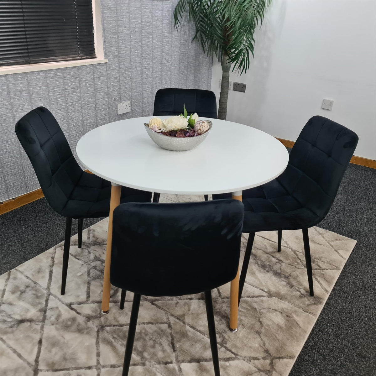 Dining Table and 4 Chairs  White Round Wood Table 4 Black Velvet Chairs Dining Room Furniture