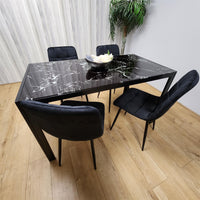 Dining Table and 4 Chairs Black Marble Effect Glass 4 Velvet Black Chairs Dining Room Furniture