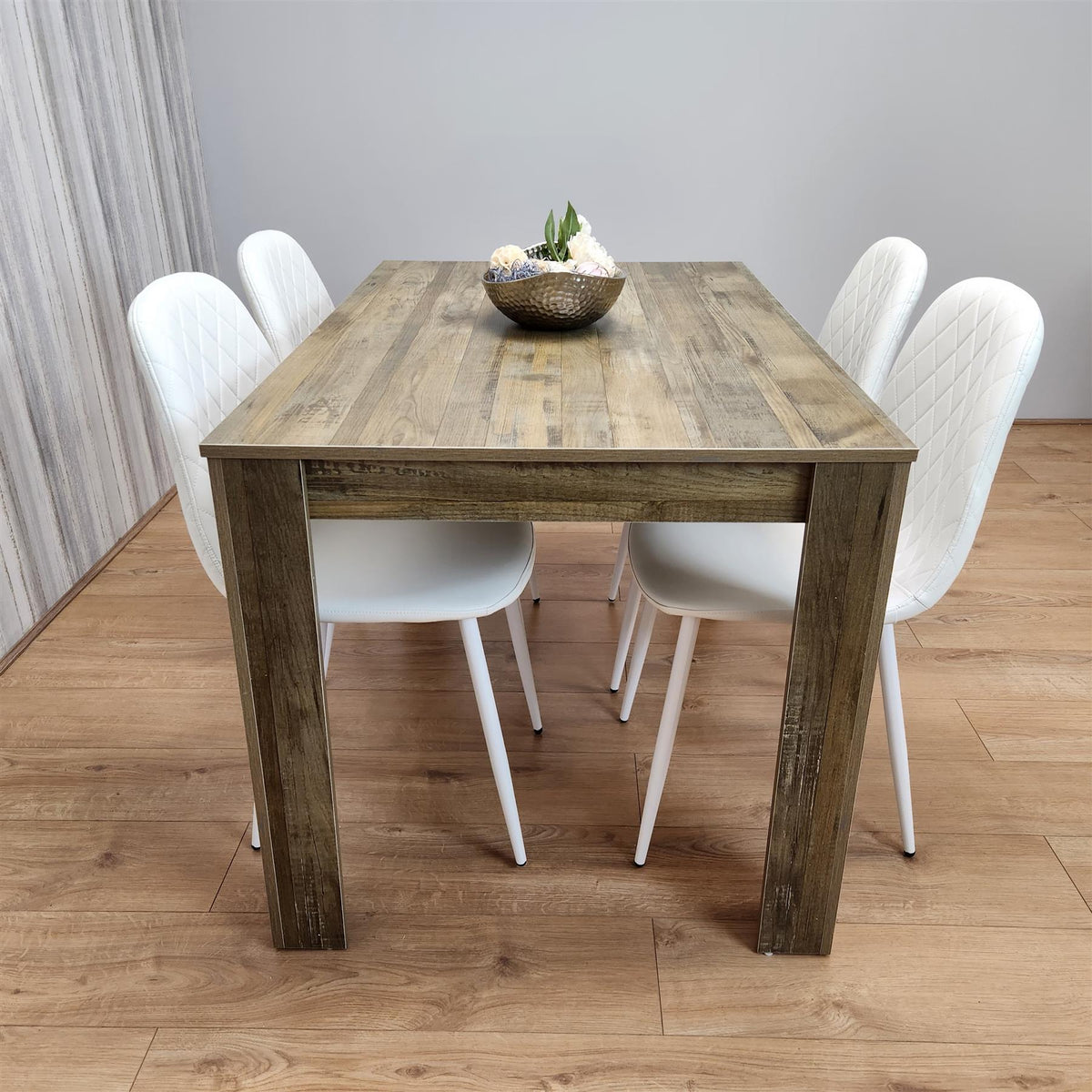 Wooden Dining Table with 4 white Gem Patterned Chairs Rustic Effect Table with white Chairs